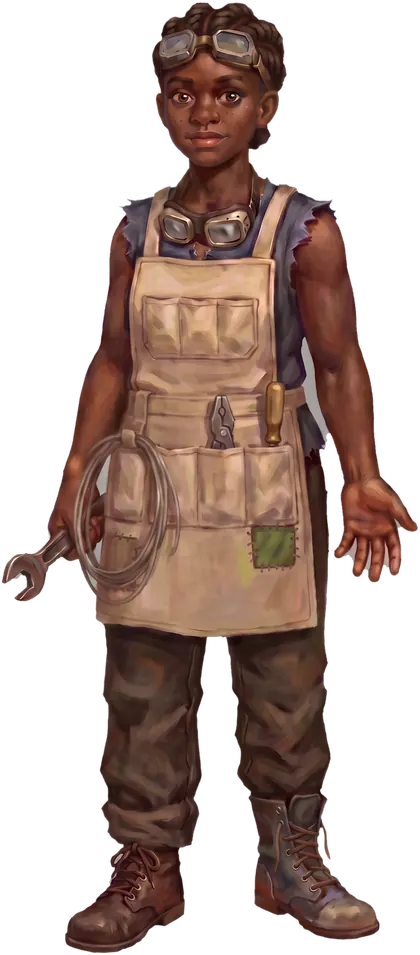 Nell Okonjo, fourteen, in a seven-pocket canvas apron, goggles on her forehead and a second pair round her neck.