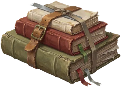 The Ledger: three worn books strapped together with a belt, a pencil pushed under the strap.