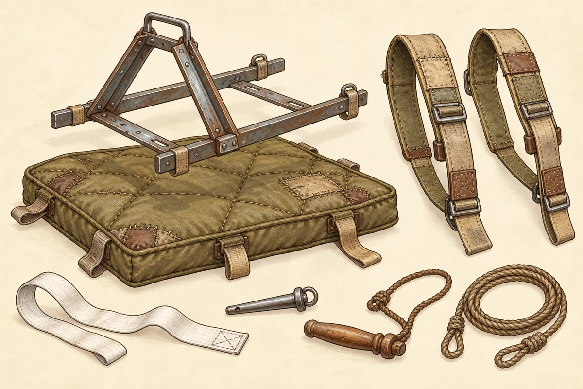 Illustrated fictional rig components: a padded frame, broad straps, white fuse strap, release pin, wooden Tug and line