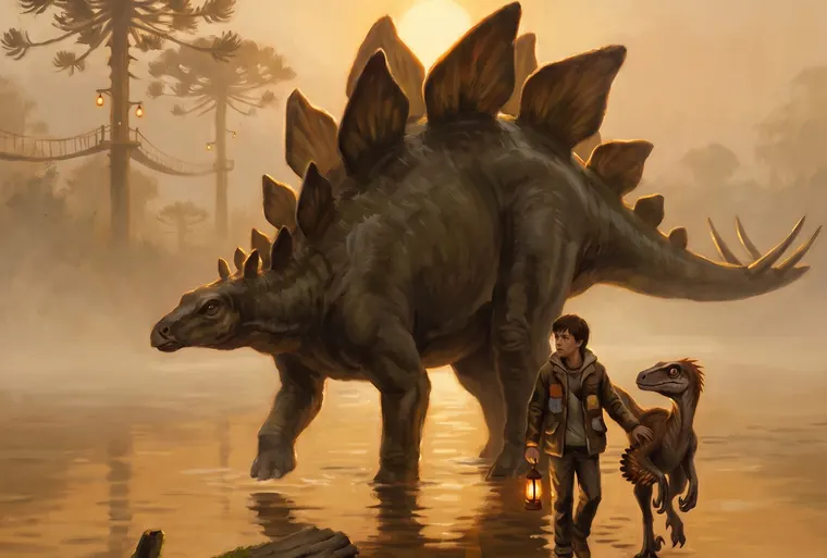 A boy carrying a lantern walks beside a Stegosaurus through shallow gold water at sunset, a small feathered dinosaur at his knee and rope bridges strung between huge trees behind them.