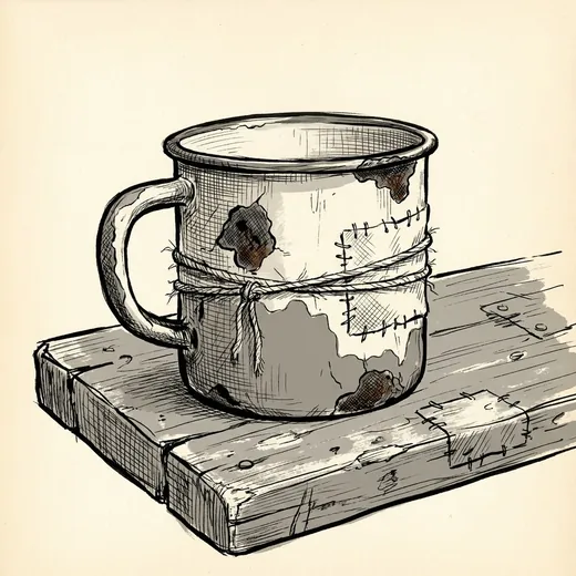 Ink drawing. A single chipped enamel mug standing alone and upright, seen from just above the rim's height.