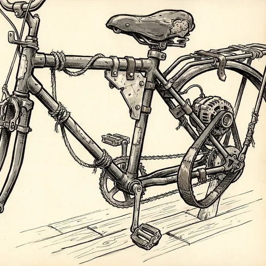 Ink drawing. A salvaged bicycle frame with the back wheel removed, bolted down through deck planks by flat steel straps, its pedals and chain still on it.