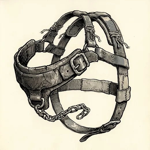 Ink drawing. A dinosaur harness laid out flat and in order on the ground as it came off the animal: a wide chest strap with a heavy buckle, two shoulder straps.