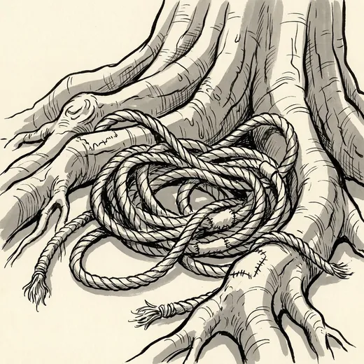 Ink drawing. A long coil of wet rope fallen loose among the buttress roots of a huge tree, the rope in slack irregular loops where it landed.