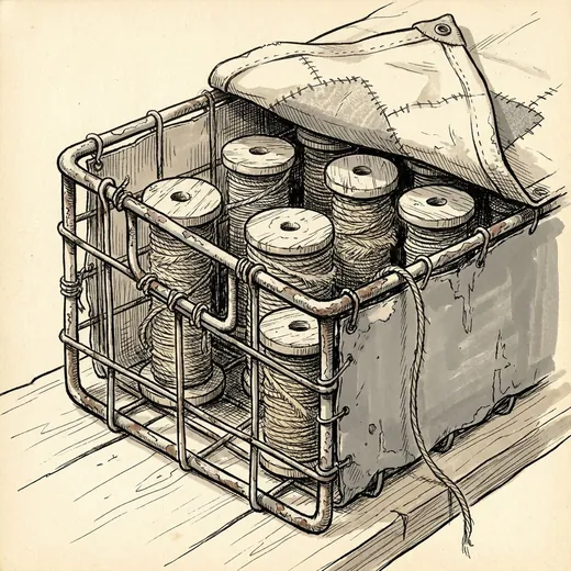 Ink drawing. A wire milk crate holding six wooden spools of kite line of different sizes, the line wound unevenly.