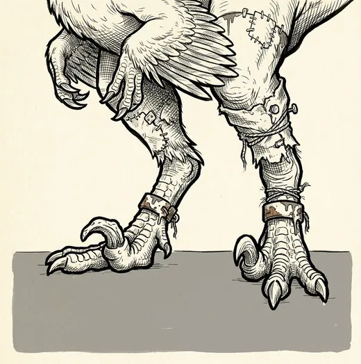 Ink drawing. The bare scaled feet and lower shins of a small feathered dinosaur, planted and stopped dead.