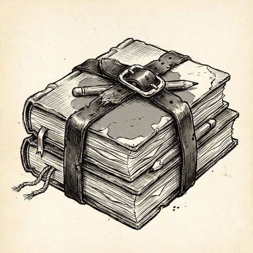 Ink drawing. Three thick hand-bound books of different sizes stacked and strapped together with one worn leather belt through the buckle, corners bumped.
