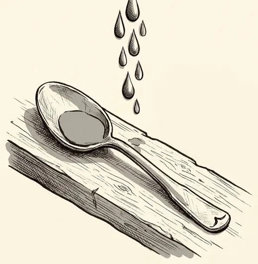 Ink drawing. One plain worn metal spoon, clean and empty, lying alone on a scrubbed plank table, a small notch cut into the end of its handle.