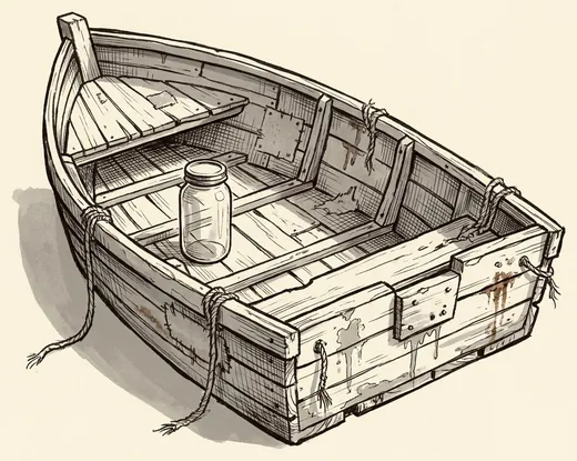 Ink drawing. A small flat-bottomed punt afloat, seen close and square-on from the side, riding low, its patched planking and one paint repair showing.