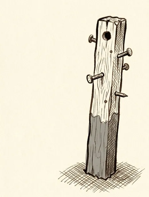Ink drawing. A weathered wooden stake driven upright, nails hammered into it in an uneven vertical line up its length.