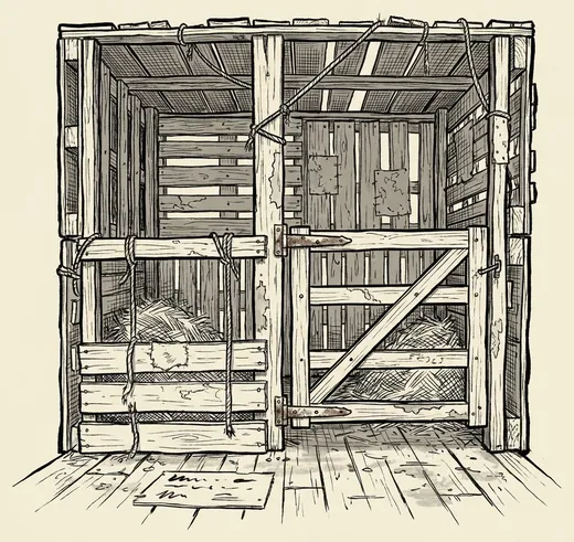 Ink drawing. A rough animal stall built from mismatched wooden pallets and one salvaged farm gate on a bad hinge, seen square-on.