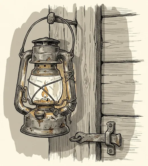 Ink drawing. A dented tin fat-lamp with a wire bail hung on a nail beside the edge of a shut plank door, its small flame burning, the door's iron latch below it.