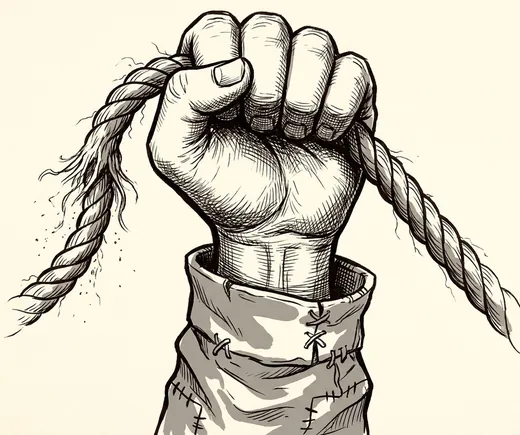 Ink drawing. A length of rope running through a closed fist, the rope coming in slack on one side and leaving taut on the other.