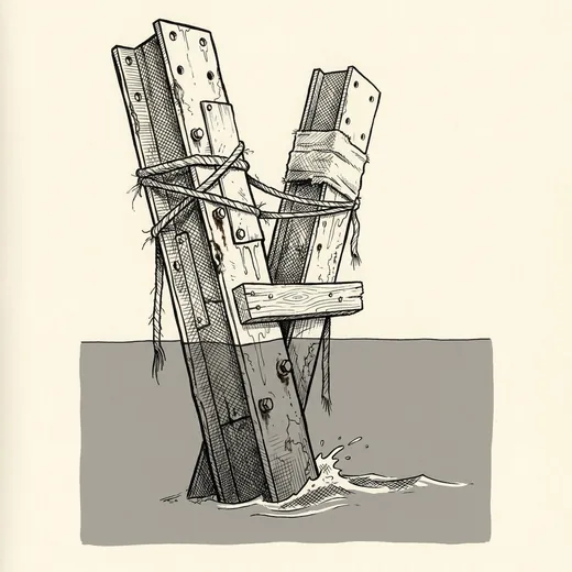 Ink drawing. A single leaning steel post standing in shallow moving water with nothing on top of it, the bolt holes where a sign was empty.