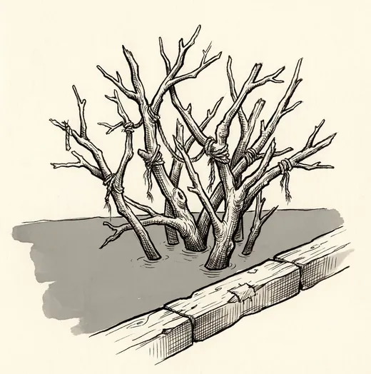 Ink drawing. One small bare shrub, the last of nine, standing alone in shallow standing water that comes up over the lowest few inches of its stems.
