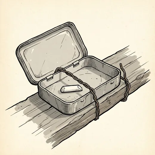 Ink drawing. A flat tobacco tin with its lid open, wired to a wooden handrail by twisted fence wire, one short worn stub of chalk lying in the tin.