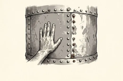 Ink drawing. A flat open hand pressed against the riveted steel side of a very large tank, the rivets in two vertical seams.