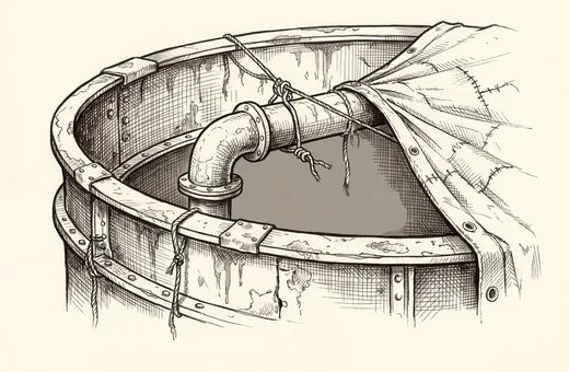 Ink drawing. The rolled rim of a big steel tank seen close, with a supply pipe crossing over the rim, elbowing, and turning down inside out of sight.