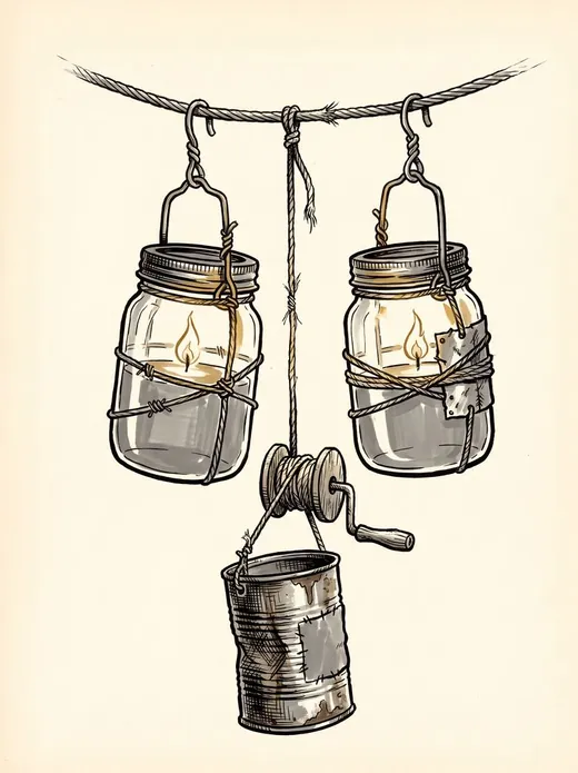 Ink drawing. Two lamps made from jam jars, each with a small flame in it, hanging by wire hooks from a taut bicycle brake cable.