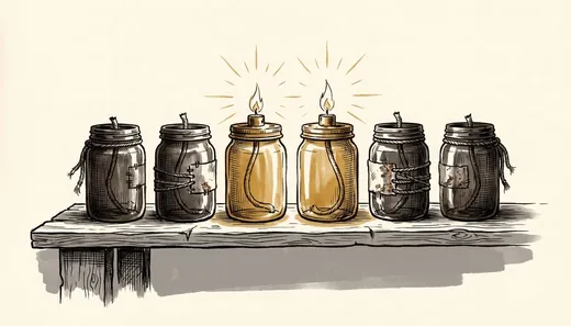 Ink drawing. Six lamps made from jam jars standing in a row along the middle of a plank table, two of them lit and four dark.