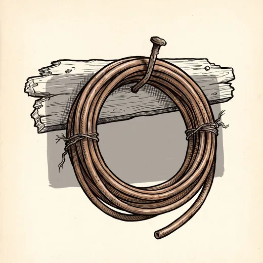 Ink drawing. A coil of soft copper tube about the size of a dinner plate, thumb-thick, wound flat and tied once with wire, hanging from a single bent nail.