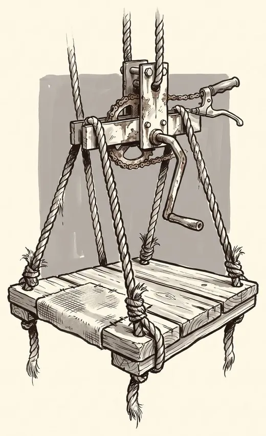 Ink drawing. A bosun's chair — a plank seat on four ropes — hanging from a loop of bicycle chain running over a small sprocket.