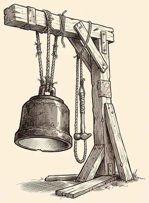 Ink drawing. A bell cut from a fire truck's brake drum, hung by three chains from a timber frame, its striking face worn bright.