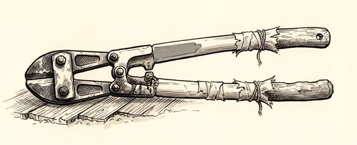 Ink drawing. One pair of long-handled bolt cutters lying closed and flat, the whole tool, the jaws nicked and bright where they have cut.