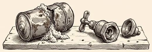 Ink drawing. Two broken machine parts lying side by side and well apart from each other, small in the middle of the image: a burst cylindrical cell with its seam spl.