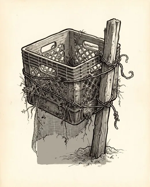 Ink drawing. A wire milk crate wrapped in fine window screen and lashed to a wooden stake with twisted wire, the screen furred and blinded with silt and weed.