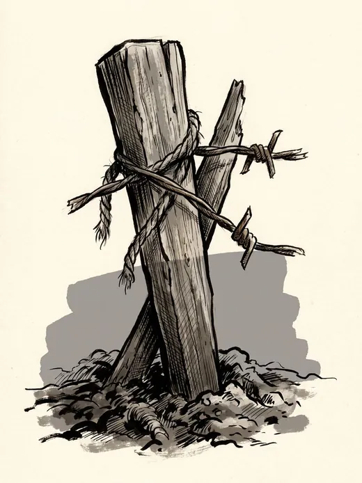 Ink drawing. A wooden stake driven into mud at a slight lean, with two cut ends of wire still twisted round it and nothing attached to them.