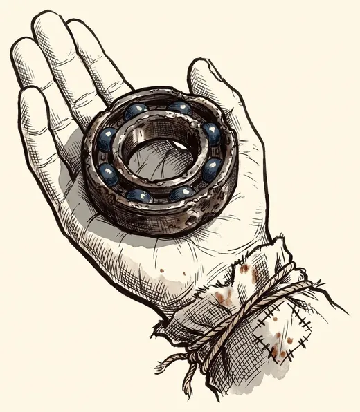 Ink drawing. A seized ball bearing held in an open palm, its two halves welded into one piece by heat and gone the color of a burnt spoon.