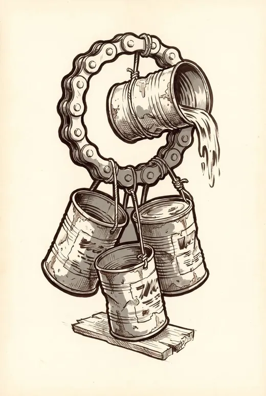 Ink drawing. A short length of bicycle chain carrying five old tin cans a hand's width apart, the whole length of chain visible.