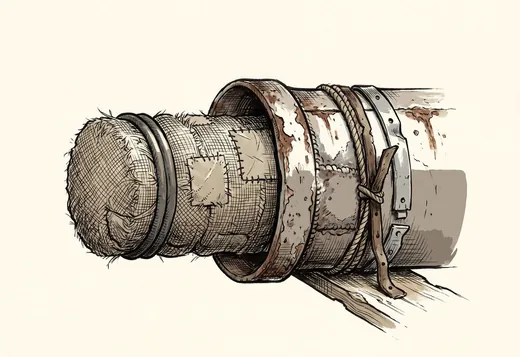 Ink drawing. A foam pipe pig, cylindrical and slightly oversized, pushed halfway into the mouth of a large pipe and gripping.