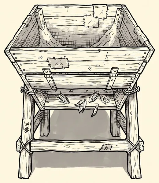 Ink drawing. A wooden feed hopper on legs with its bottom gate slid fully open and nothing coming out of it, a few husks caught in the gate track.