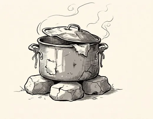 Ink drawing. A big dented cooking pot with its lid pushed half off, standing on three hot stones, steam coming off it in slow trails.