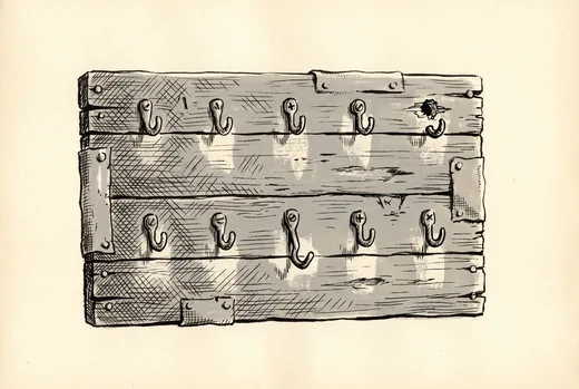 Ink drawing. A work-block duty board lying by itself, seen square on: a plank board with two rows of small iron hooks screwed into it and every hook empty.