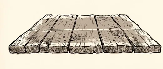 Ink drawing. One short section of a scrubbed plank table, about five feet of it, lying by itself, the joints between them open.