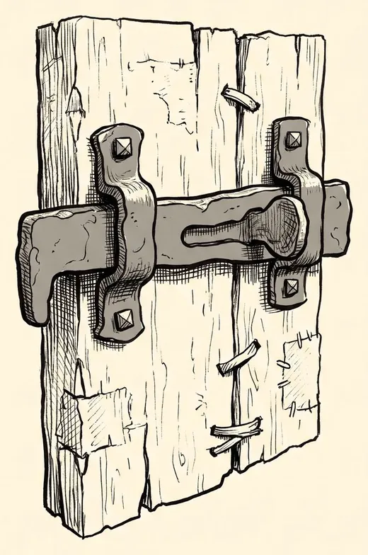 Ink drawing. An iron drop latch and its keeper mounted on a short piece of door plank, the latch bar lifted and resting up on the lip of the keeper: hand-forged and.