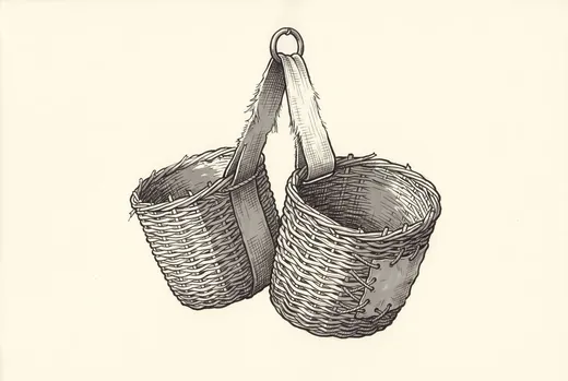 Ink drawing. A pair of pannier baskets joined by one wide flat webbing strap, hanging empty side by side and touching nothing: coarse split-willow weave going ragged.
