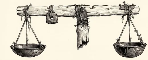 Ink drawing. A hand-made balance beam by itself: a plain straight hardwood arm resting on a central knife pivot, a shallow pan hanging on three cords from each end.