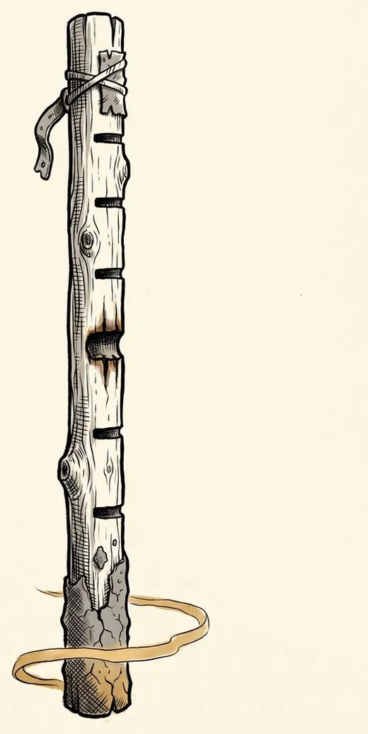 Ink drawing. A long straight measuring pole standing upright by itself, notched across at intervals and burnt black in bands at the notches.