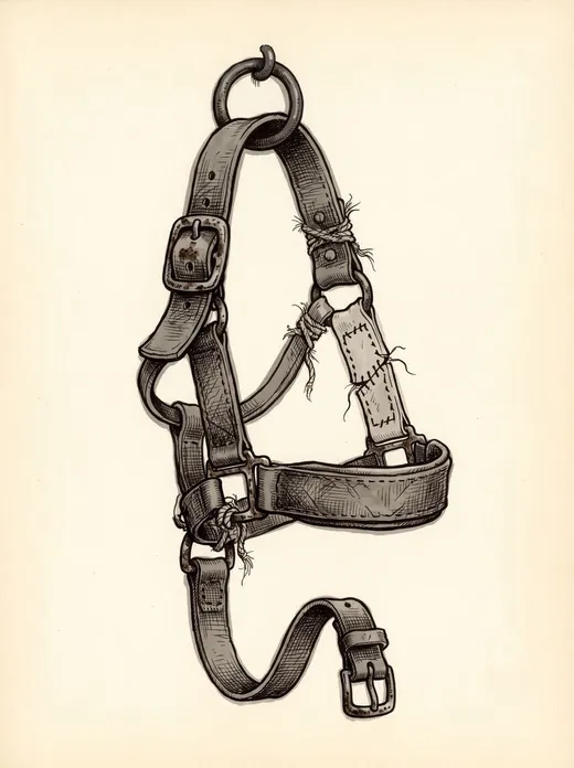 Ink drawing. A heavy leather headcollar sized for a very large animal, hanging by itself from one iron ring: broad noseband and cheekpieces.