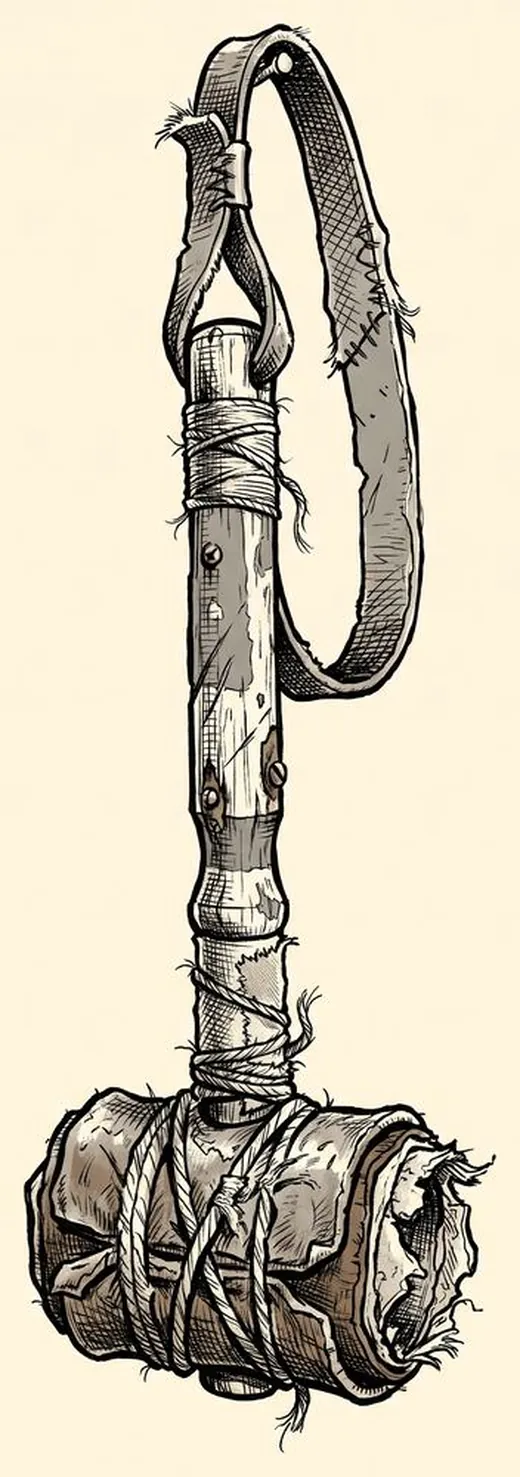 Ink drawing. A bell beater hanging by itself from a leather loop: a turned hardwood handle a foot and a half long.