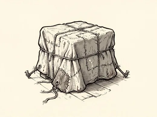 Ink drawing. A stiff tarpaulin thrown over a low square shape and roped down at two corners.
