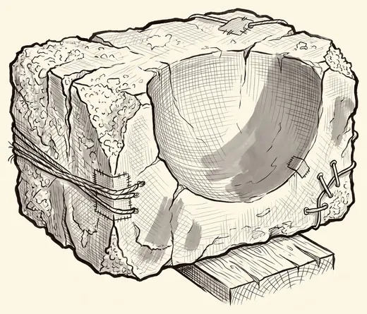 Ink drawing. A broken block of rock salt lying by itself, about the size of a footstool: fractured and sugary on three sides.
