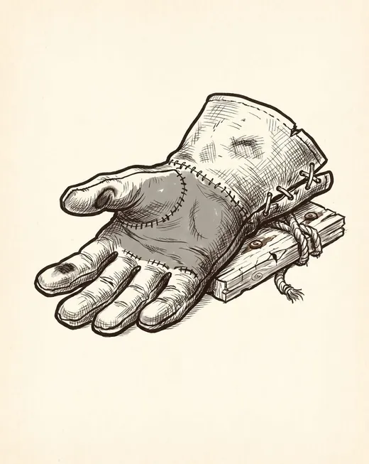 Ink drawing. One welding gauntlet lying palm upward by itself, the fingers open and slack: split cowhide gone dark and shiny across the palm.