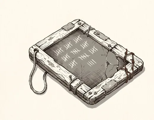 Ink drawing. A tally slate hanging by itself: a thin roofing slate bound into a narrow wooden frame.
