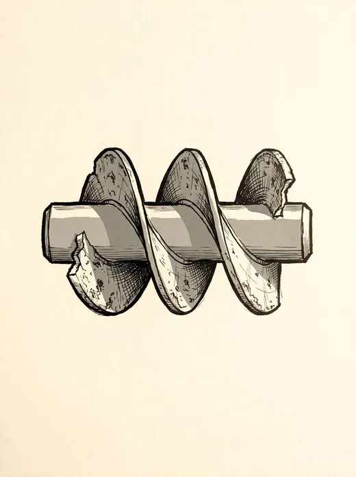 Ink drawing. One SHORT section of steel auger flighting lying by itself at a slight angle, no more than two and a half turns of the helix: a continuous helical ribbo.
