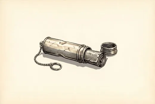 Ink drawing. A small brass message tube lying on its side by itself, about four inches long.